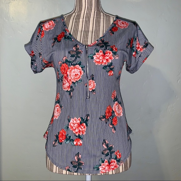 Coral floral striped zipper shirt blue white top - Picture 2 of 7